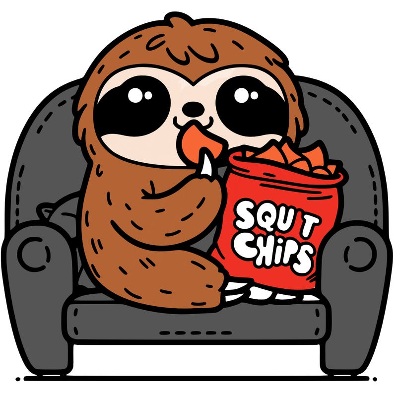 a sloth squishmallow on a sofa eating chips in a bag