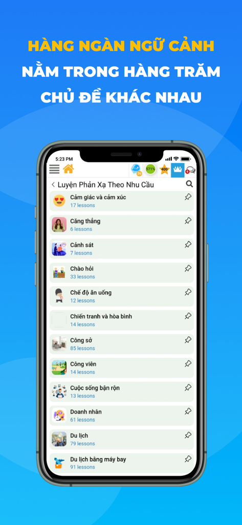 Lang Kingdom - Best At English - Lang Kingdom app screenshot showing various English learning topics and categories in Vietnamese