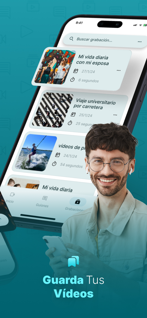 Teleprompter Pro Videos - Una interfaz de aplicación móvil para Teleprompter Pro Videos que muestra una lista de grabaciones de video guardadas y un profesional digital sonriente.