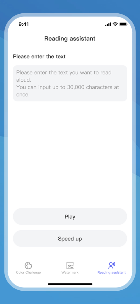 Der Bildschirm des Leseassistenten in der MomentKeeper-App mit einem Texteingabebereich und Wiedergabesteuerungen für Text-to-Speech