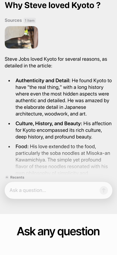 Savespace Bookmark AI - AI search interface in Savespace app showing a summary of a saved article and a question bar