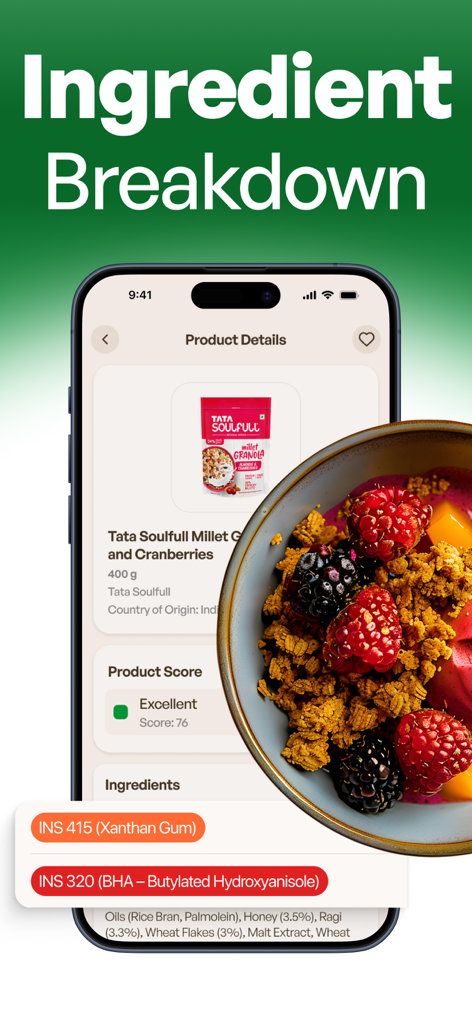 The Product Scanner & AI Food - Mobile app screen showing the ingredient breakdown and health score for a food product with specific additive warnings.
