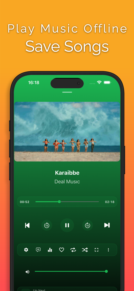 Muzika app interface showing a mobile music player with playback controls and album art