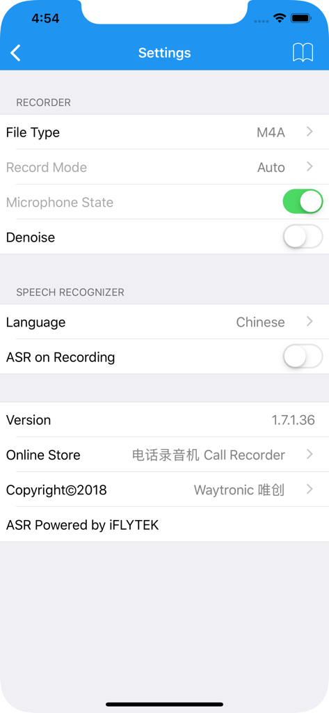 Waytronic Call Recorder - Interfaz de configuración de la aplicación Waytronic Call Recorder que muestra las opciones del grabador y del reconocedor de voz