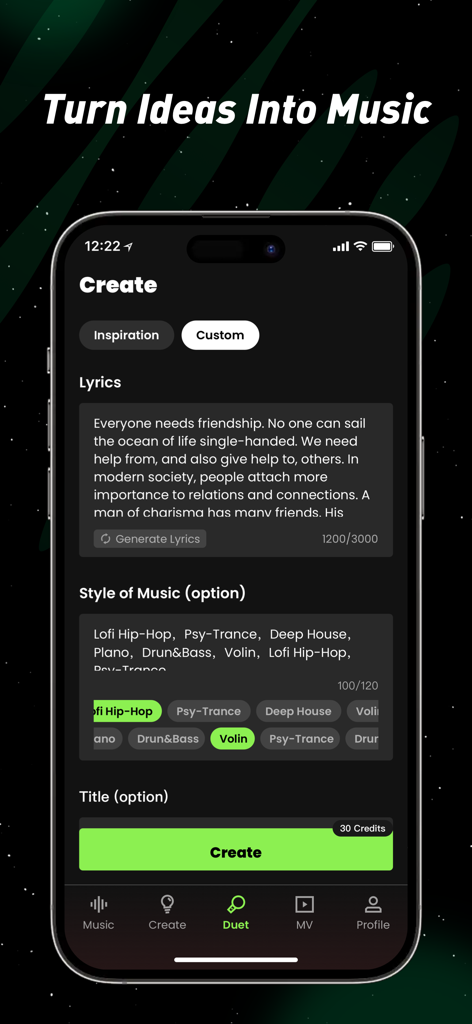 Interfaz de la aplicación Deeptone que muestra cómo convertir letras en música seleccionando géneros como Lofi Hip Hop y Deep House