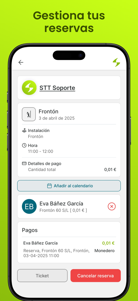 Interfaz de la aplicación móvil Sporttia para gestionar reservas de instalaciones deportivas y ver detalles de pago de reservas.