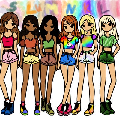 a group of girls wearing crop tops and shorts