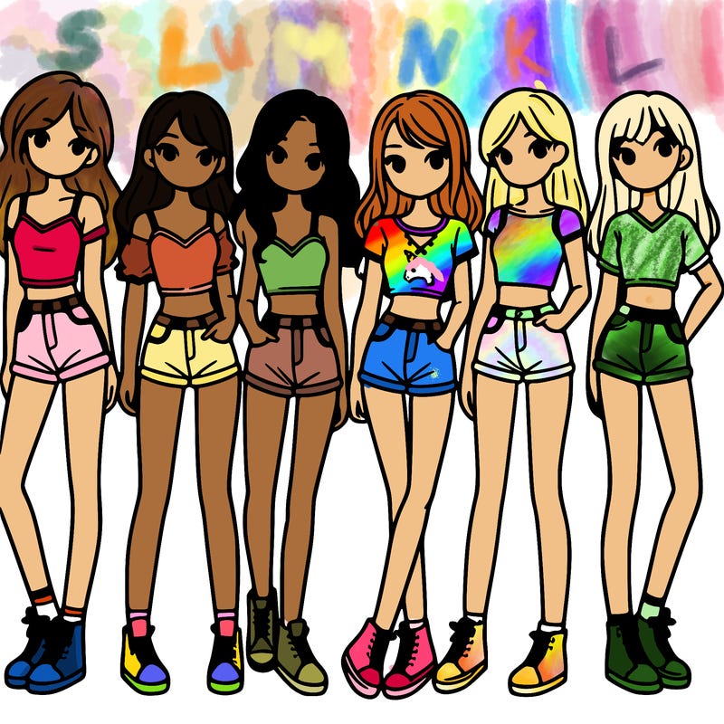 a group of girls wearing crop tops and shorts