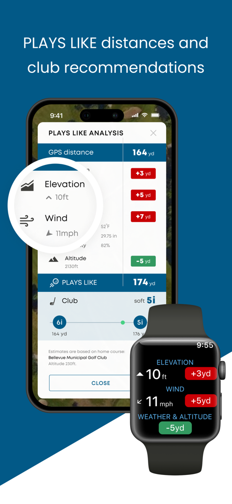 iPhoneとApple Watch上で、風と標高に基づいたプレイ時距離とクラブ推奨を表示するGolf Pad Classicアプリ