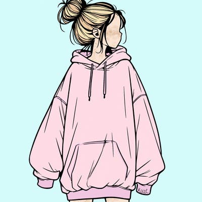 realistic girl with a oversized sweatshirt on and a bun