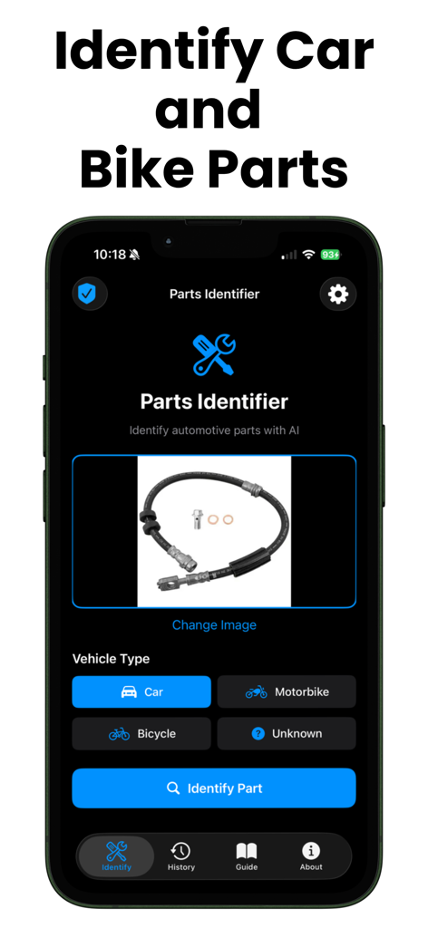 Car Parts Identifier: AI Scan - Interface do aplicativo Identificador de Peças Automotivas mostrando o recurso de scan por IA para identificar componentes automotivos