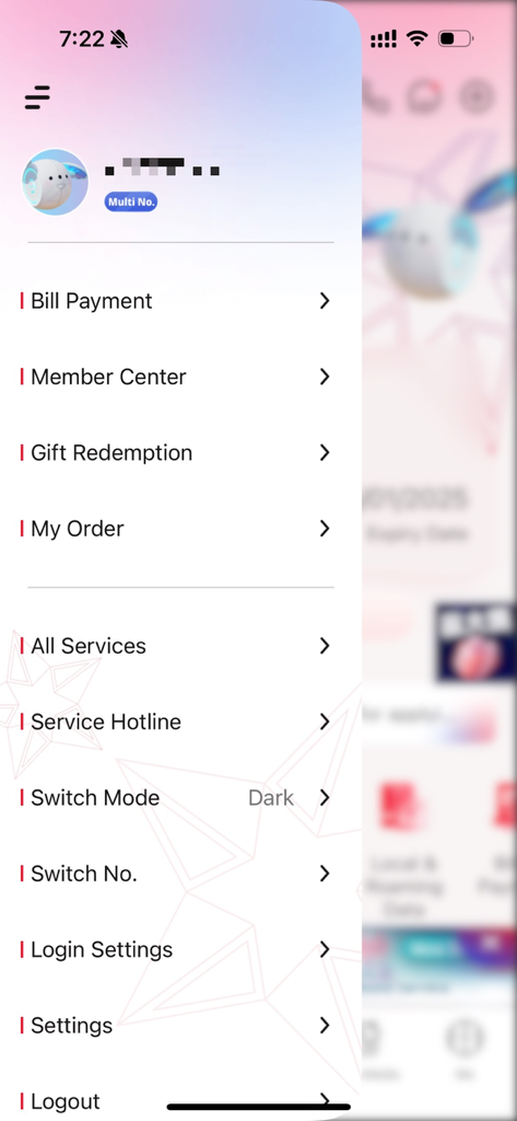 CTM Buddy app side menu featuring options for bill payment member center and gift redemption