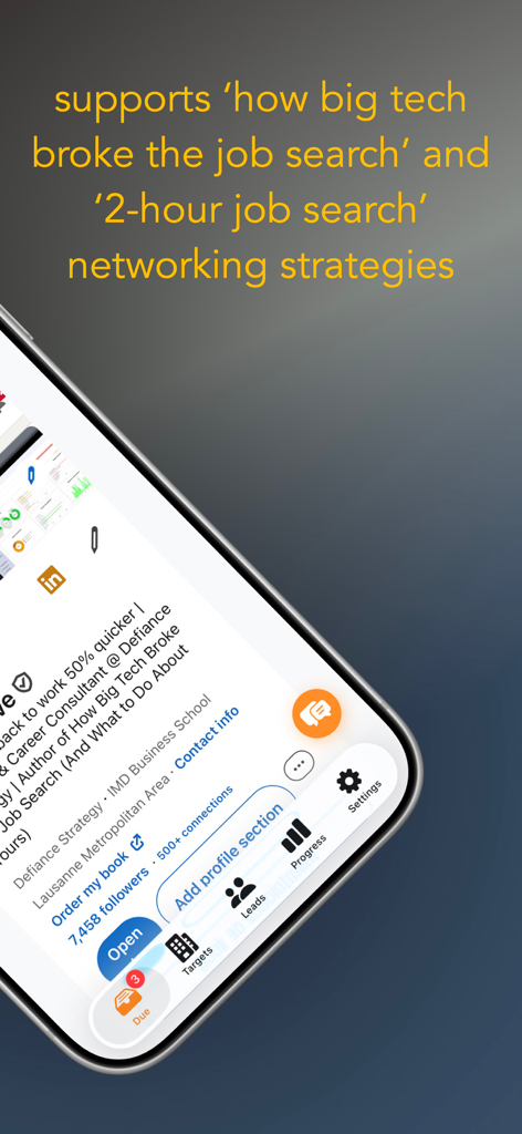 Clinch! - Smartphone screen showing Clinch app supporting various job search networking strategies.