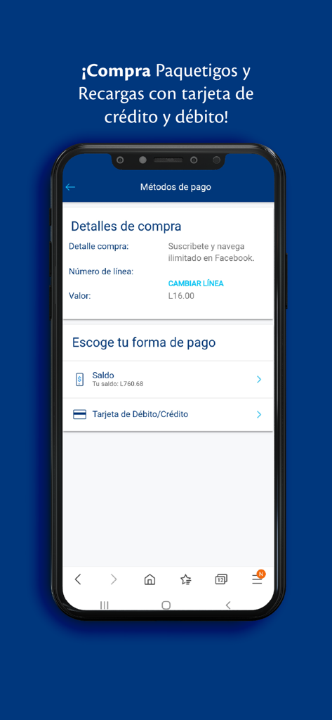 L'écran des modes de paiement de l'application Mi Tigo Honduras affiche les options de paiement par solde et par carte de crédit.