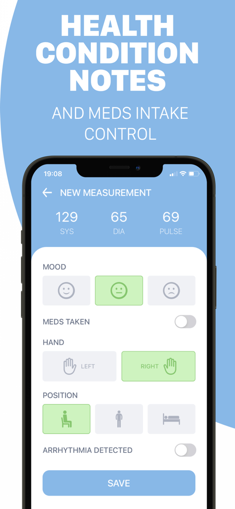 Blood Pressure App: Log Diary - Interface for entering blood pressure readings with options for mood medication and body position