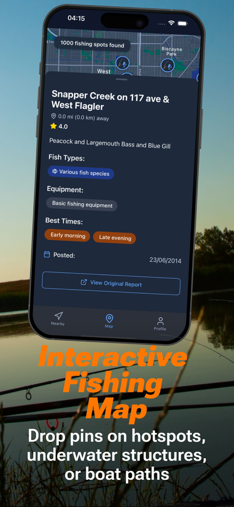 Fishing Spots－Fish Finder App - Una pantalla de aplicación móvil mostrando un mapa de pesca interactivo con información detallada sobre un punto de pesca, incluyendo especies de peces y mejores momentos para pescar.