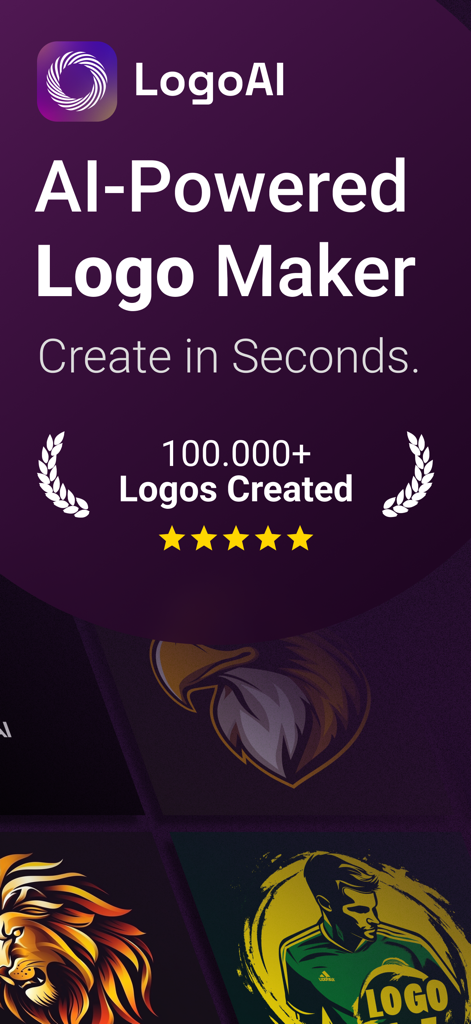 AI Logo Maker: LogoAI - Tela de introdução do aplicativo LogoAI apresentando seu criador de logo com IA e exemplos de logos de alta qualidade.