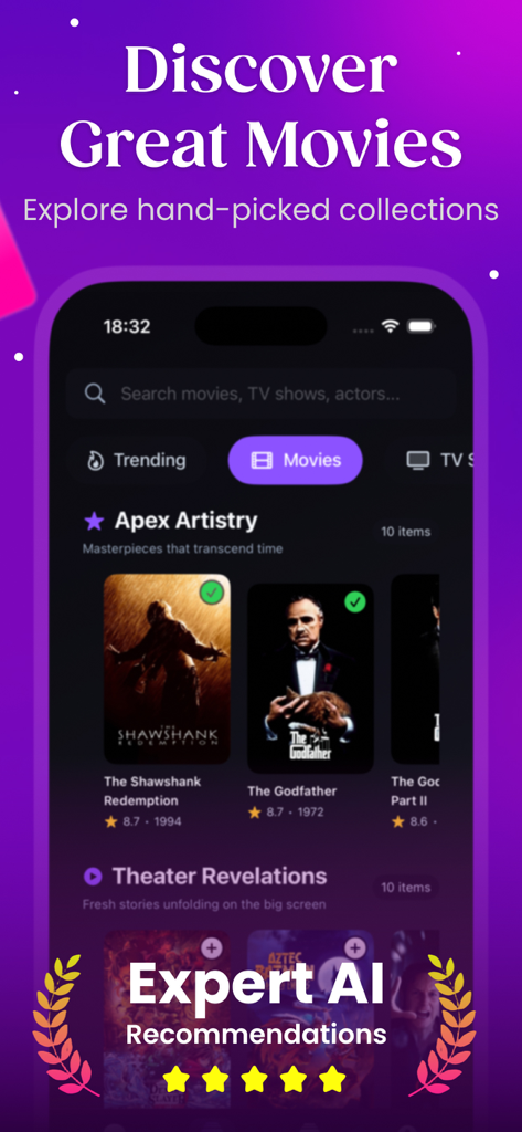 PipeCalc AI: Movie & TV Picks - Mobile App-Oberfläche, die kuratierte Filmsammlungen und Experten-KI-Filmempfehlungen auf einem dunklen, filmischen Thema anzeigt.