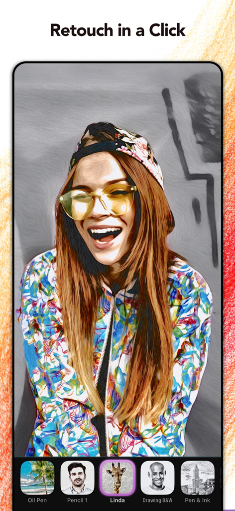 Ein Porträt einer Frau, das mit einem Skizzenfilter in der Graphite-App bearbeitet wurde und verschiedene künstlerische Stiloptionen zeigt