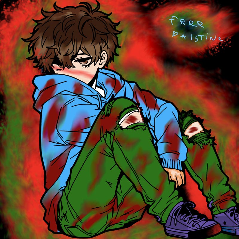 a male hoddie ripped jeans messy hair anime