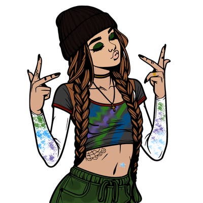 realistic teenage girl with braids and a beanie and crop top doing 🫶🏼