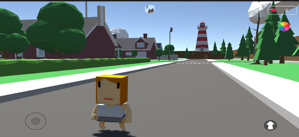Blox Rbx World - Un personaje avatar de bloques parado en una calle en un pueblo suburbano 3D con un faro al fondo