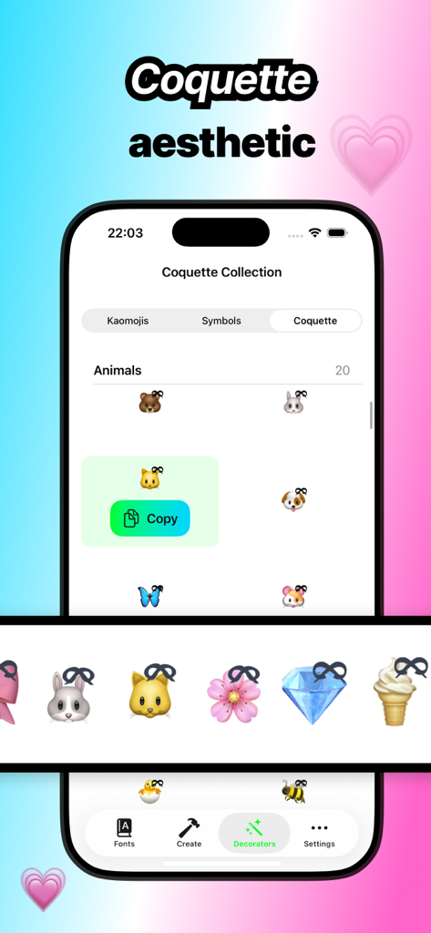 Fontify - Fonts for iPhones - Fontify app interface showing the coquette aesthetic collection with animal icons and symbols featuring decorative bows
