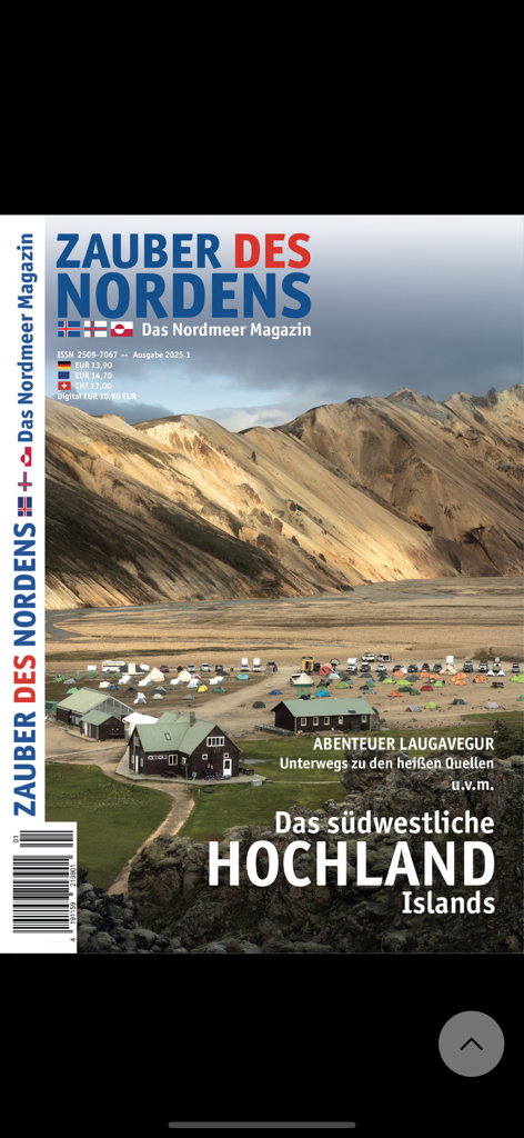 ZAUBER DES NORDENS - Cover of ZAUBER DES NORDENS magazine featuring a panoramic view of the southwest highlands of Iceland and a basecamp