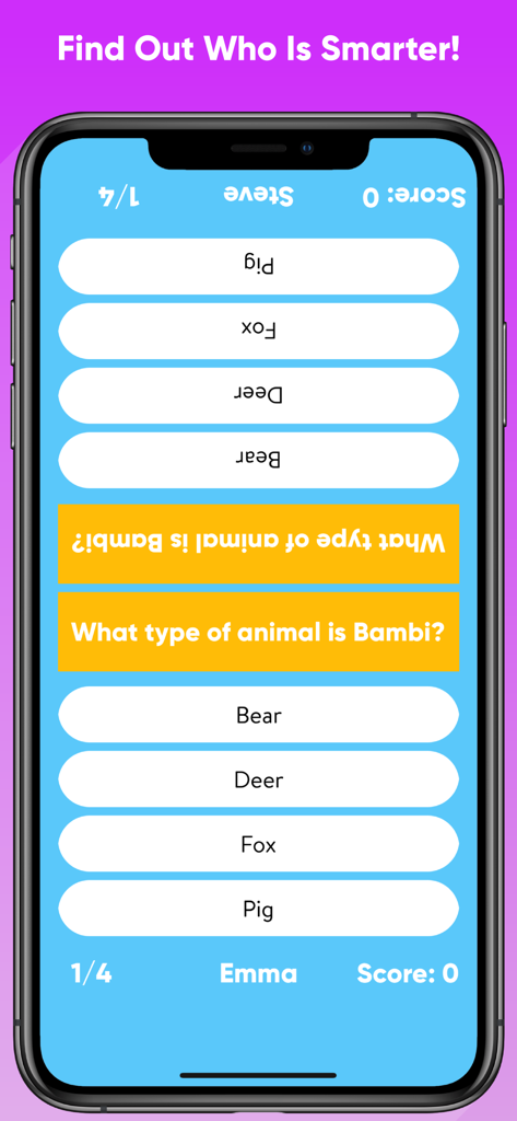 2 Player Quiz - Battle Game - Same-device split-screen trivia battle between two players on a mobile phone