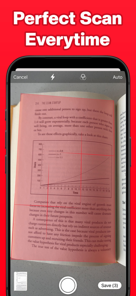 Oberfläche der Scnr-App, die die automatische Erkennung von Dokumentenkanten beim Scannen einer Buchseite zeigt