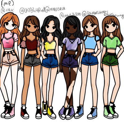 a group of girls wearing crop tops and shorts