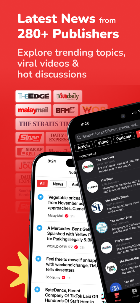 Mobile phones displaying the Newswav app interface with news headlines and a list of major Malaysian publishers