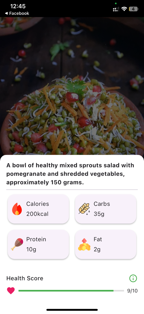 AI Calorie Counter - Interface do aplicativo Contador de Calorias por IA exibindo dados nutricionais e uma pontuação de saúde para uma salada de brotos