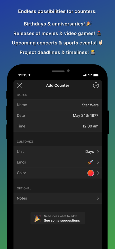 Yonks – Day Counter - A screenshot of the Yonks app showing the Add Counter screen with fields for name, date, time, emoji, and color customization.