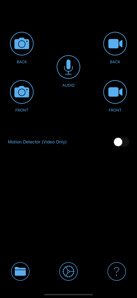 Camera Eye (Former Easy Calc) - Main control screen of the Camera Eye app featuring front and back camera icons and motion detector toggle