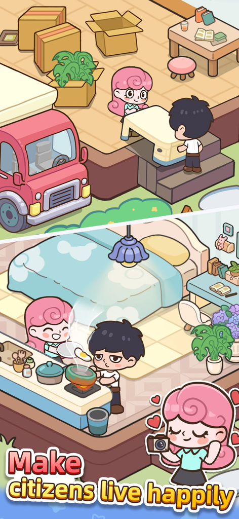 A cute cartoon couple moving into a new house and cooking together in the Happy Citizens mayor simulation game.