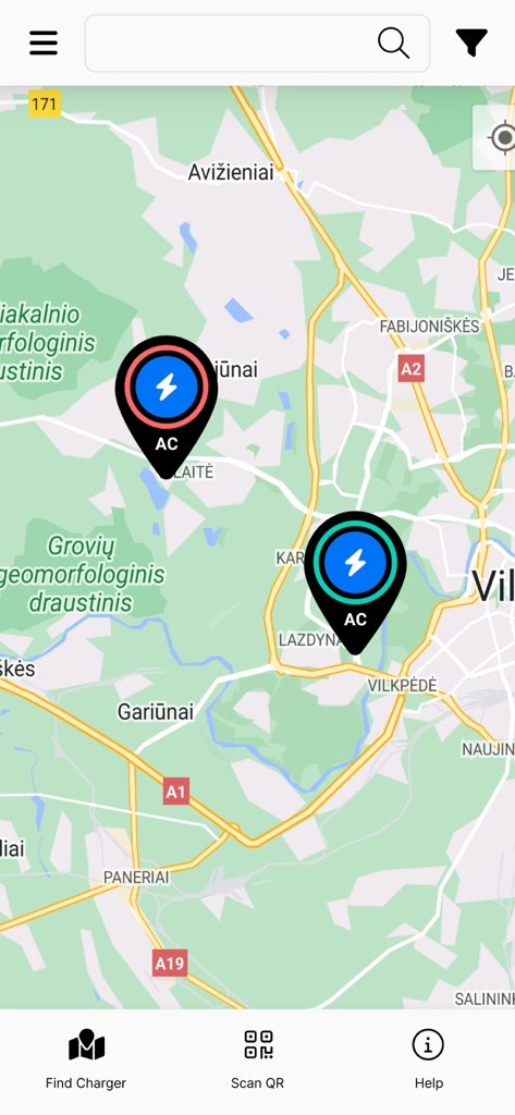 Ignitis ON - Map view in the Ignitis ON app showing electric vehicle charging stations.