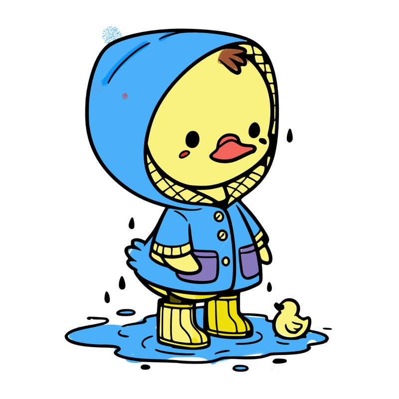 baby duck in a rain coat and boots, in a puddle while it’s raining
