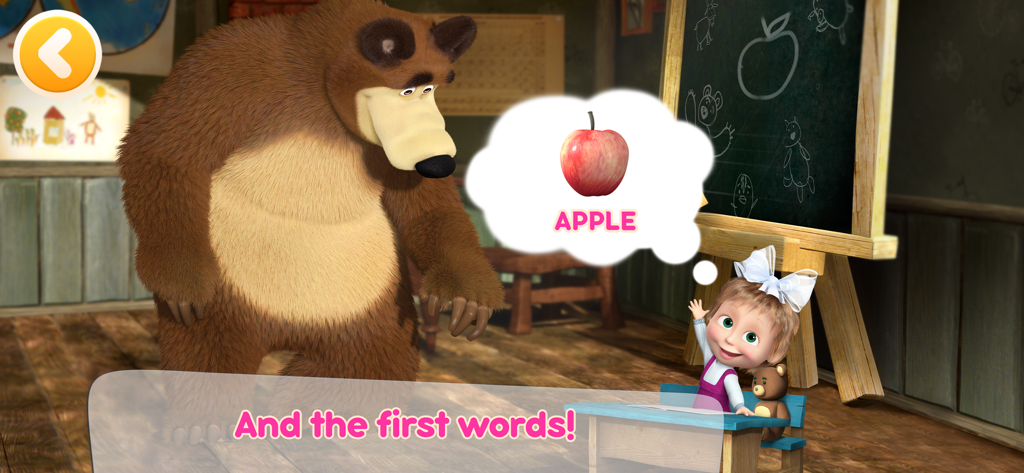Personajes de Masha y el Oso en un aula aprendiendo la palabra manzana