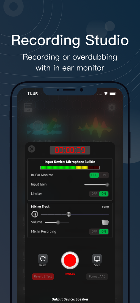 SoundLab - Audio Editor - SoundLab app interface showing professional recording studio tools and audio levels on a smartphone