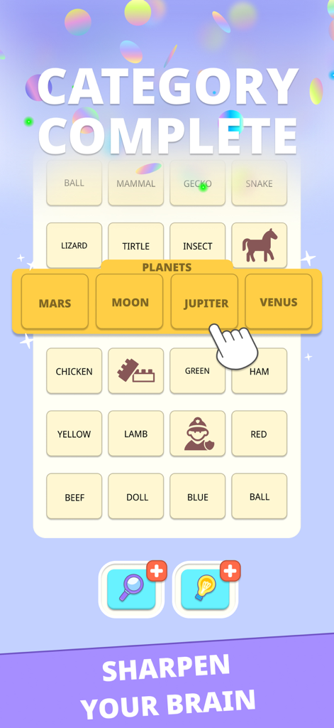 Word Merge: Categories - Una interfaz de juego de puzles de palabras móvil que muestra una categoría de planetas completada con las palabras Marte, Luna, Júpiter y Venus.