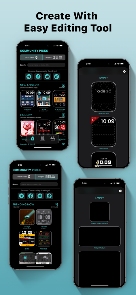 Custom Widgets by Clockology - Smartphone screens displaying custom Apple Watch faces and widget design tools in the Clockology app.