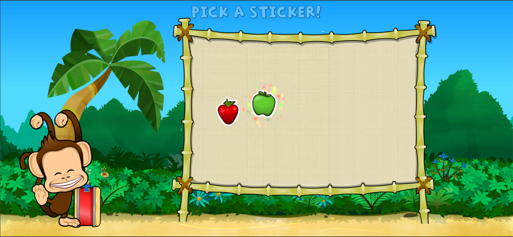 Monkey Preschool Lunchbox - An animated monkey standing next to a bamboo frame where a child can choose a strawberry or green apple sticker as a reward