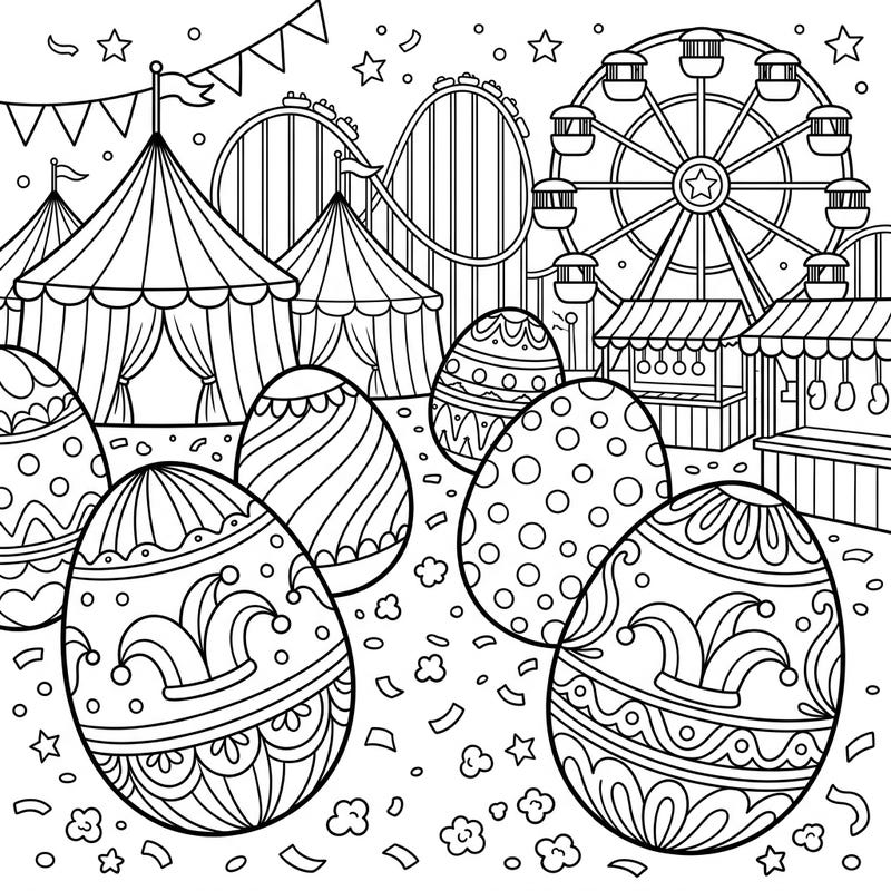 Get ready for an egg-cellent time with this festive Easter Eggs Carnival coloring page. Discover beautifully decorated eggs nestled within a lively fairground, perfect for a burst of creative fun.