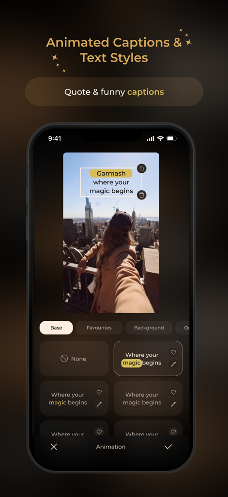 Garmash mobile app interface showing various animated caption styles and text editing tools for social media content.