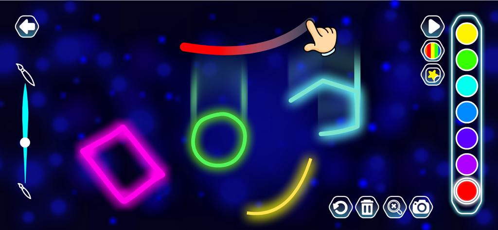 Interface of a kids drawing app featuring neon glow doodles and a colorful palette on a dark background