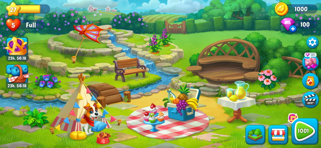 Ranch Adventures - A colorful garden area in Ranch Adventures featuring a picnic setup and Buddy the dog in a tent