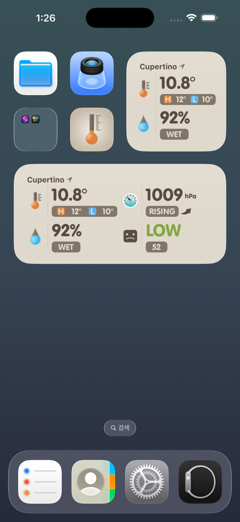iPhone home screen with thermo-hygrometer widgets displaying temperature, humidity, and barometric pressure