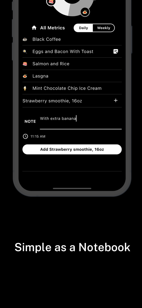 Chomp: Simple Macro Tracker - Interfaz de la app Chomp que muestra una lista simple de comidas registradas y un campo de entrada para el seguimiento de alimentos en lenguaje natural