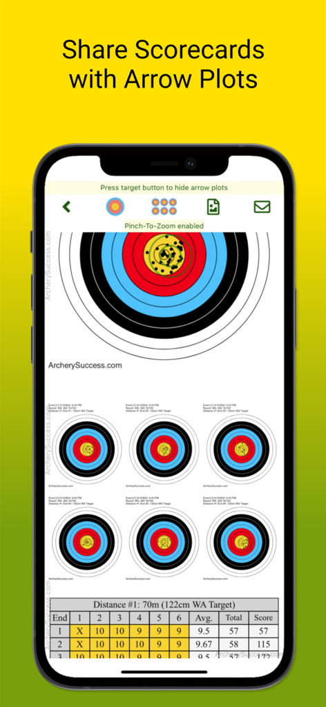 ArcherySuccess - Score & Plot - Captura de tela do aplicativo ArcherySuccess mostrando cartões de pontuação compartilhados com mapeamentos visuais de flechas e pontuações de alvo.